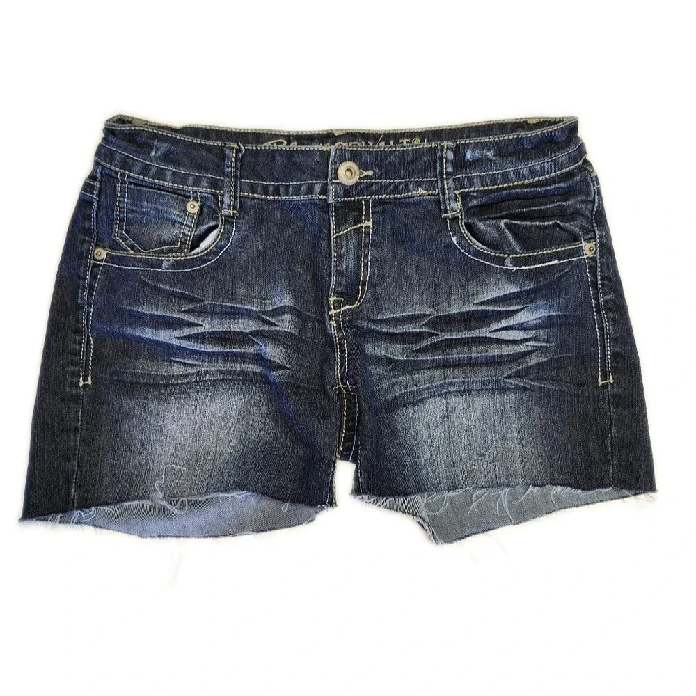 Blue Asphalt cut-off denim shorts, 67% cotton, dark wash with distressing 9
